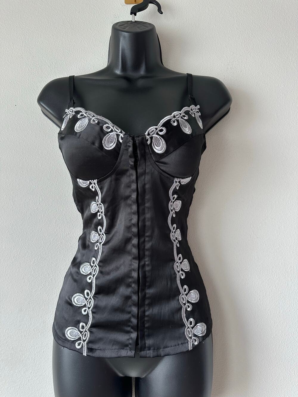 Y2K Black Satin Embroidered Corset Top Silver Bustier Fairy Grunge S